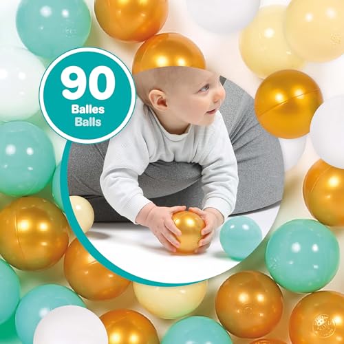 LUDI — Goldene Spielbälle — für Bällebäder oder Spielplätze — 90 Bälle — werfen, Rollen — weicher Kunststoff — 6 cm — ab 6 Monaten, Blau, Weiß, Beige, Gold