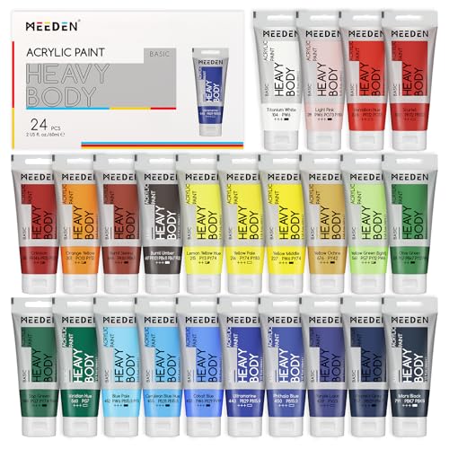 MEEDEN Heavy Body Acrylic Paint - Basic Satin Finish 24 x 60ml (2 oz) Color Paint Set for Adults - Rich Pigment Art Craft Paints for Canvas Clay Wood