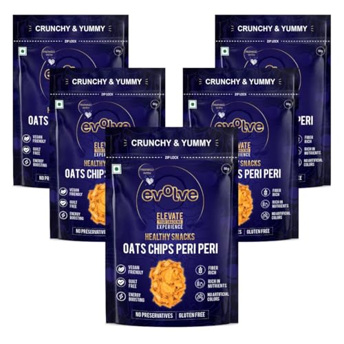 Image of Evolve Oats Chips Healthy Snacks for Kids, Adults | Gluten Free, Vacuum Fried, High in Protein, Low Calorie, Weight Loss Friendly, Peri Peri Flavor - 100g Pack of 5