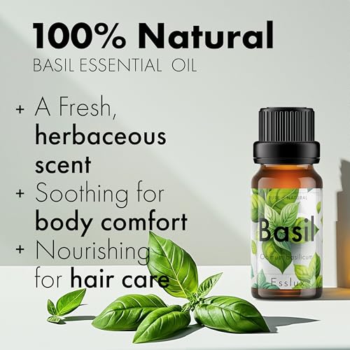 Image of Esslux Basil Essential Oil for Diffusers - 100% Pure & Natural Basil Oil for Skin Care, Aromatherapy, Massage, and Candle Making - Fresh, Herbaceous Scent for DIY, Fragrance, and Relaxation, 15ML