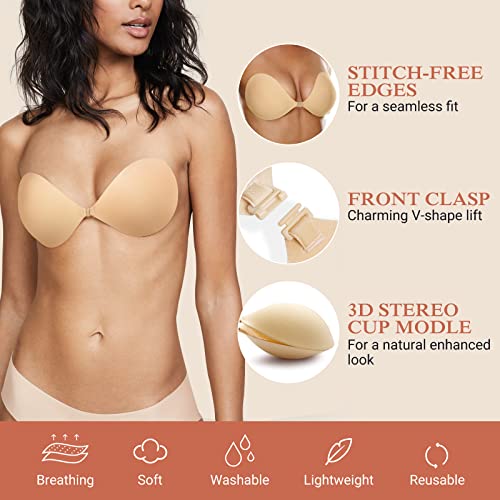 Lefreco Adhesive Sticky Bra Push Up 2 Pairs, Backless Strapless Bra, Invisible Lift Up Bras With Nipple Covers Pasties For Women (Nude,F) #TOP2