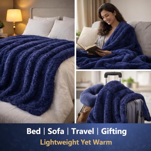 Image of WONJU Ultra Plush Mink Blanket | Soft Warm Fleece Blanket for Double Bed | Luxury Winter Blanket for Bed, Sofa, Couch & Travel | Machine Washable (Blue)