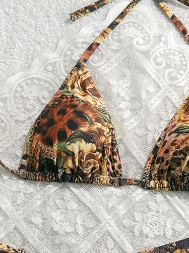 Women's Floral Printed Bathing Suit Halter High Waist Summer Swimsuit Bikinis Set3