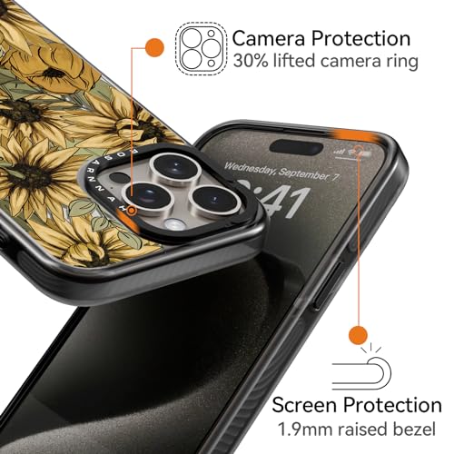 Coque iPhone 15 Pro antichoc 2m durable noire à motif de tournesol