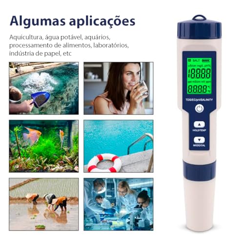 Phmetro Medidor de Ph Digital Portátil 5 em 1 Tds Ec Sal para Água Piscina Áquario Hidrponia Testado