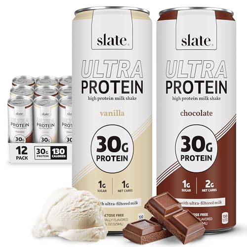Image of Slate Milk Ultra High Protein Milk Shake (Best Sellers Pack) Chocolate & Vanilla - 30g Protein, 1g Sugar, 130 Calories, 1-2g Net Carbs - No Added Sugar - Lactose Free - Natural - 11 fl oz, 12 Cans