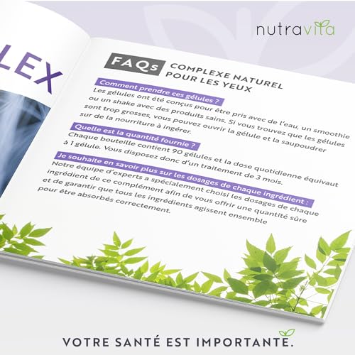 Complément santé pour les yeux − contient de la lutéine, zéaxanthine, du zinc, de l'extrait de myrtille et de la vitamine A et B12 – maintien d’une bonne vision − 90 gélules − Fabriqué par Nutravita – Image 4