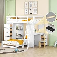 CITYLIGHT Bunk Bed Twin Over Twin with Storage Drawers, Desk, USB Ports and LED Light, Wood Twin Loft Bed with Movable Lower Bed, L Shaped Bunk Bed for Kids, Teens, Adults White