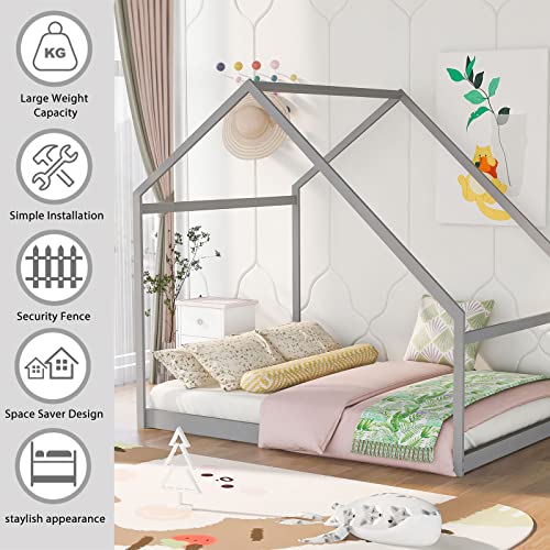 Bellemave Montessori Bed For Toddlers, Full House Beds For Kids, Wood Floor Bed Frame Bedroom Furniture For Girls Boys, Spring Needed, Gray #TOP3