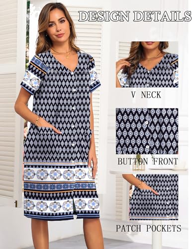 Image of Ekouaer House Dresses for Women with Pockets Button Down Nightgowns Plus Size Moo Moos Mumu Dresses Floral Print S-3XL