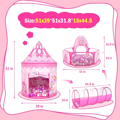 Sumbababy Princess Tent with Tunnel for Girls - 3pc Pop Up Kids Play Tent with Ball Pits for Toddlers - Pink Playhouse Toys Indoor& Outdoor for Birthday Gifts