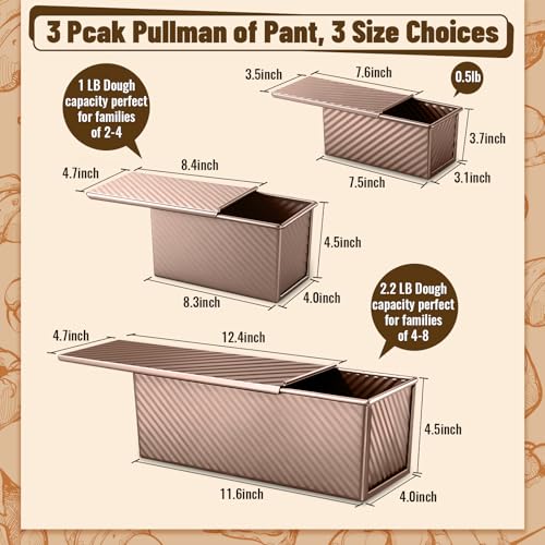 3 Pack Pullman Loaf Pans with Lids, 2.2LB 1LB 0.5LB Bread Pans, Non-stick Carbon Steel Bread Pans for Homemade Sandwich and Baking Sourdough Bread, Corrugated Toast Mold, Golden