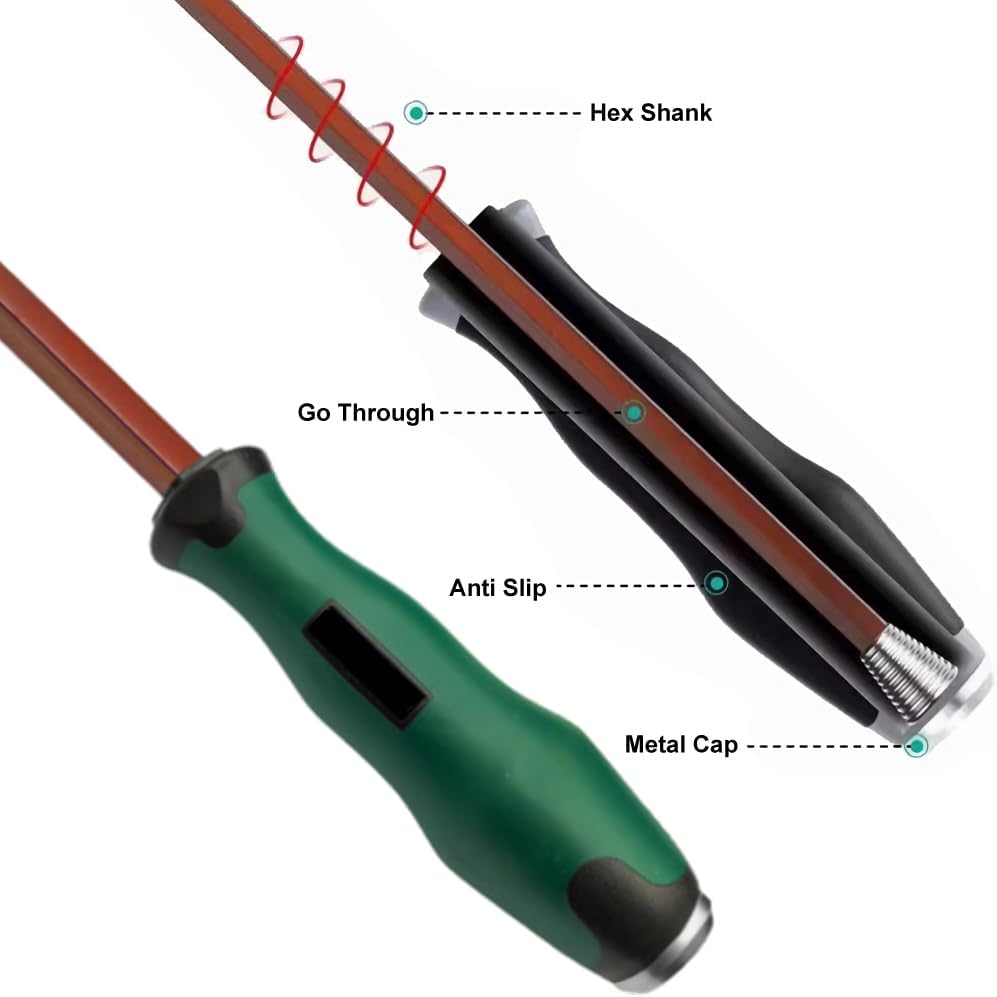 Demolition Screwdriver,2 Pieces 6 * 150mm S2 Steel Go Through Slotted and PH2 Phillips Demo Screwdriver Set with Striking Cap Strong Magnetic Tip Hex Shank