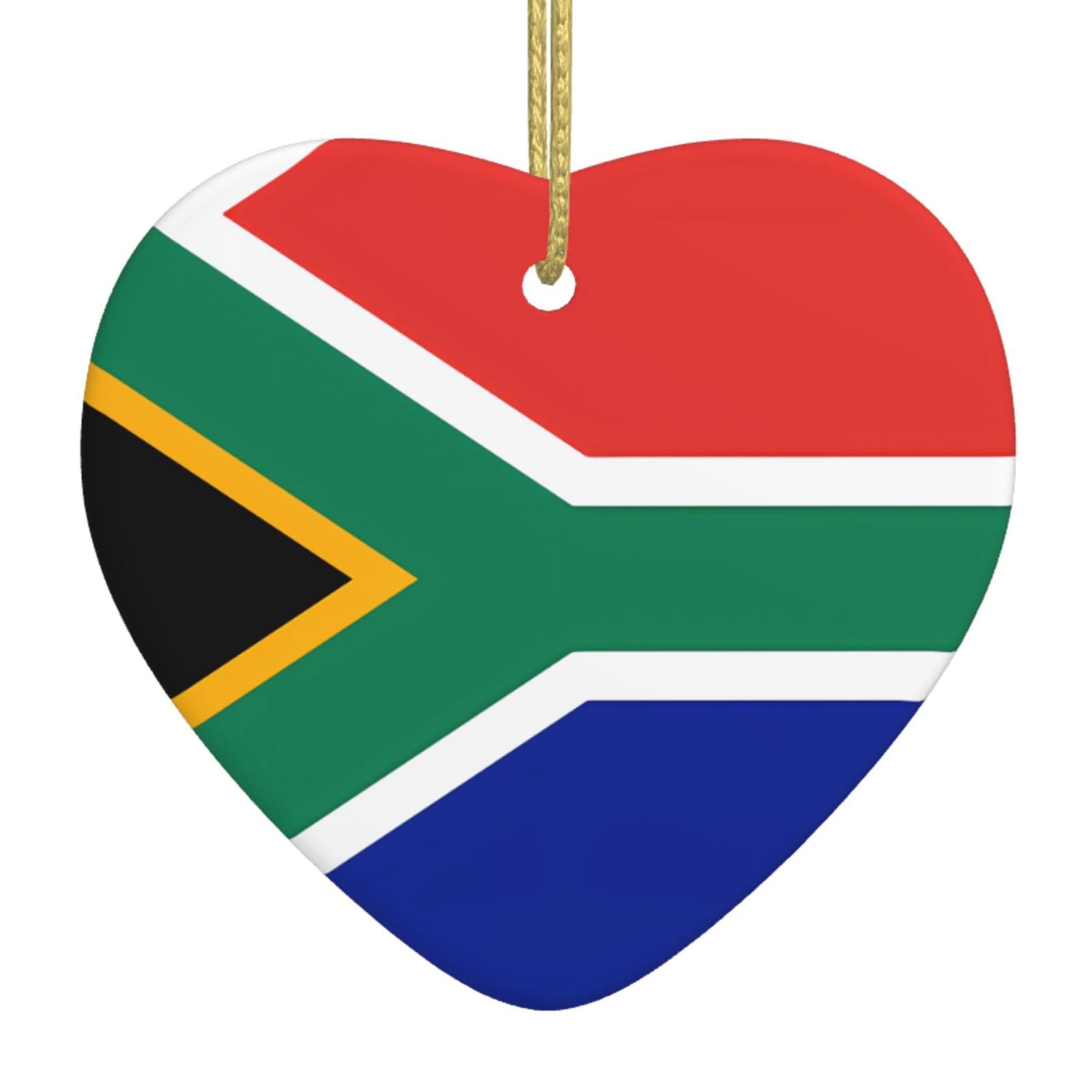 South Africa Flag Ceramic Christmas Heart Pendant with Silk Thread, Christmas Tree Home Decoration