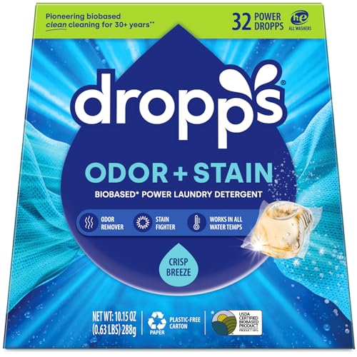 Dropps Odor & Stain Laundry Detergent Pods, Crisp Breeze (32 Count) -…