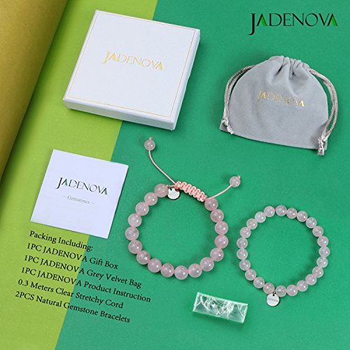 Jadenova 8/10Mm Natural Rose Quartz Gemstone Bracelets Round Beads Stretch Bracelet Adjustable Beaded Bracelet Couple Distance Bracelets Unisex (2Pcs Bracelet Set) #TOP6
