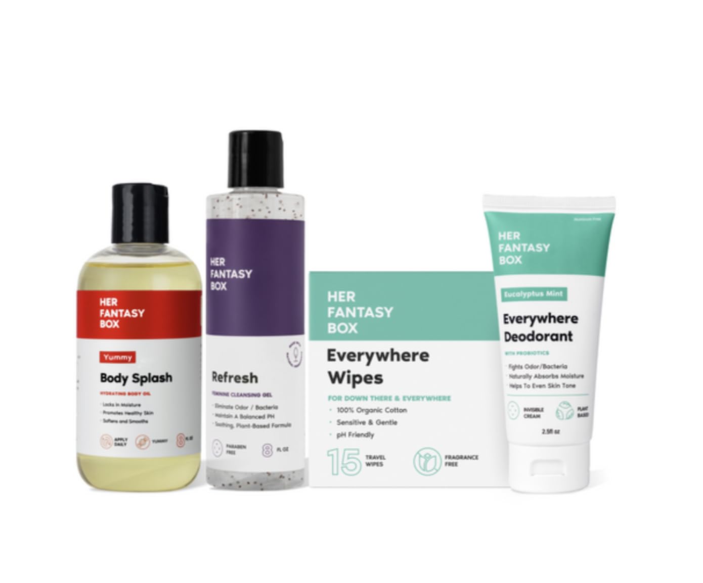 Her Fantasy Box | Soft & Clean Body Hygiene Kit – 4-Piece Feminine Care Set with Refresh pH-Balanced Wash, Yummy Body Splash, Everywhere Wipes & Deodorant – Odor-Control, Sensitive Skin Safe