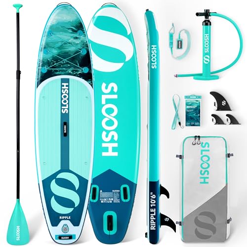 SLOOSH Tabla de Paddle Surf Hinchable, 10'6' Stand-Up Paddle con Accesorios Premium, Cubierta de EVA Antideslizante, Bolsa de Transporte con Bomba, Ripple Sup para Jóvenes & Adultos, Brisa Neblinosa