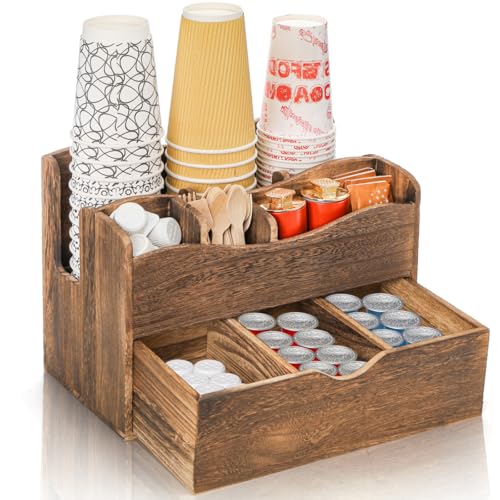 Acshio Coffee Station Organizer, Wood Countertop Coffee Bar Supplies Caddy with 6 Compartments, Condiment Service Organizer Tea Holder for Coffee Cups, Syrup, Stirrers