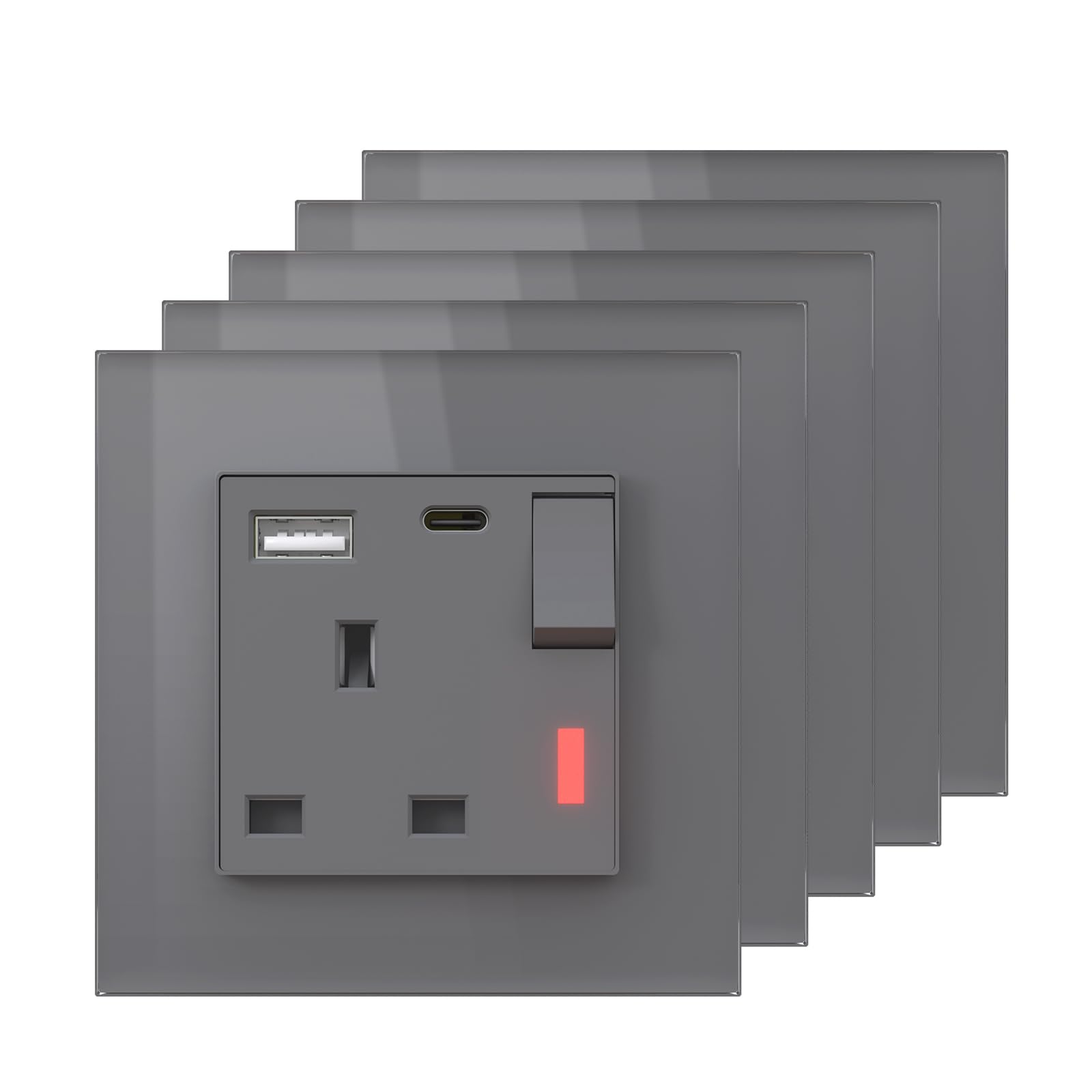 BSEED Single Plug Socket with USB C and USB A,UK Standard Electric Power Sockets,Save Space,1 Gang-5 Pack,86mm Grey — image 1