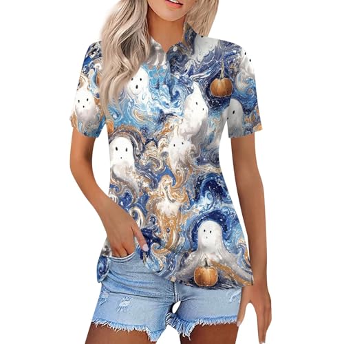 MGNPGBL Vintage T Shirt Women, Fall Halloween Graphic Short Sleeve Holiday Family Matching Polo Shirts Boho Tops for Women Summer Tees Womens Dressy Casual Outfits (S, White)