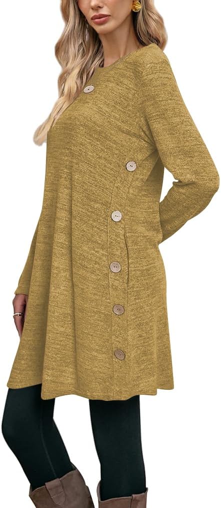Poetsky Womens Tunic or Tops to Wear with Leggings Long Sleeve Side Buttons Swing Casual Long Shirts with Pockets S-3XL - Image 3