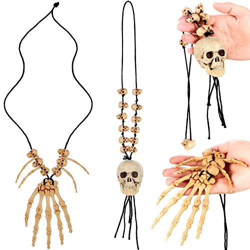 Hicarer 4 Pieces Halloween Skull Skeleton Hand Bone Necklace Skull Pendant Necklace Skeleton Head Hand Bone Charm Cosplay Fancy Party Halloween Jewelry Costume Fancy Dress for Women Men