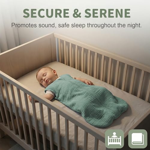 Image of BSTOPPT 2 Pack Baby Sleep Sack 0-6 Months 100% Organic Cotton Muslin Baby Sleeping Bag 2-Way Zipper Wearable Blankets TOG 0.3 (Green & Leafy Cherry, Small)