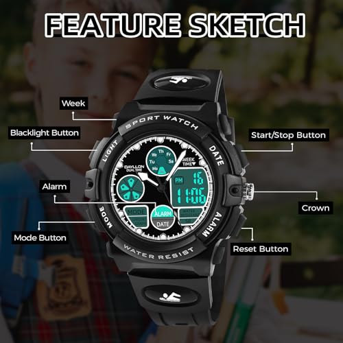 Image of Dayllon Boys Watch,Kids Watch for 5-15 Year Old Boys,Digital Sport Outdoor Multi Function Waterproof with LED Alarm Calendar Analog Watch for Kids Gifts