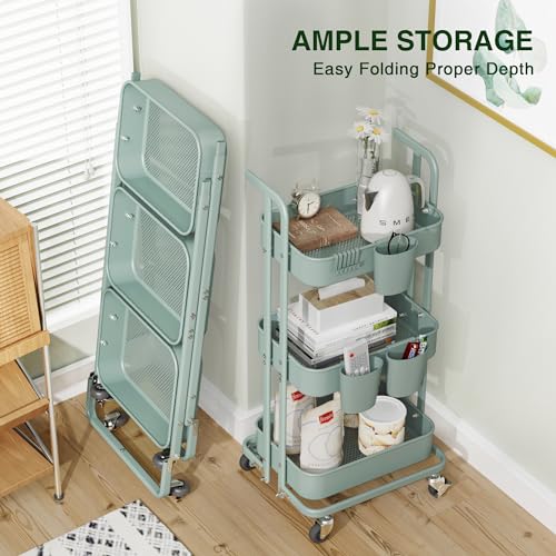 Image of DTK 3 Tier Foldable Rolling Cart, Metal Utility Cart with Lockable Wheels, Folding Storage Trolley for Living Room, Kitchen, Bathroom, Bedroom and Office, Green