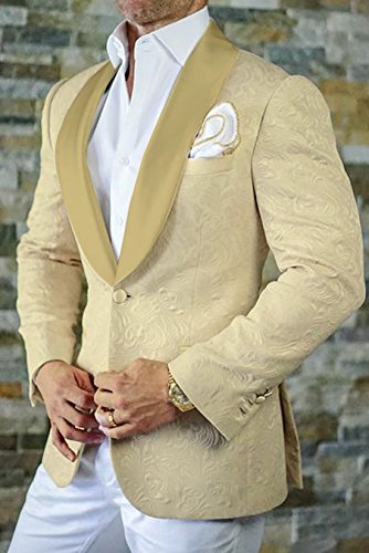 Premium Jacquard Paisley Floral Pattern Slim Fit Tuxedo Prom Wedding Groom Single Breasted Blazer Suits Champagne #TOP2