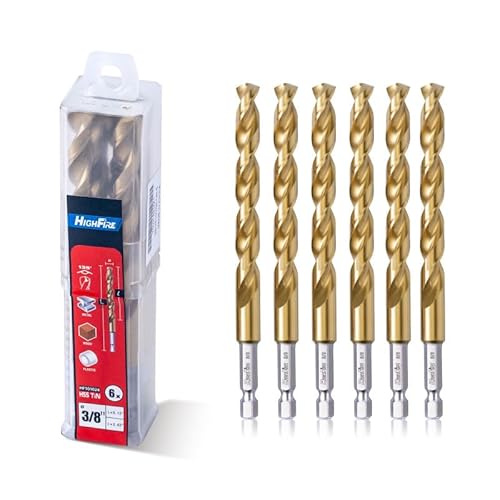Highfire 6 PCS 3/8 Inch 135 Degrees Split Point Hex Shank Drill Bits, TiN Coated High Speed Steel, Ideal for Steel, Aluminum & More