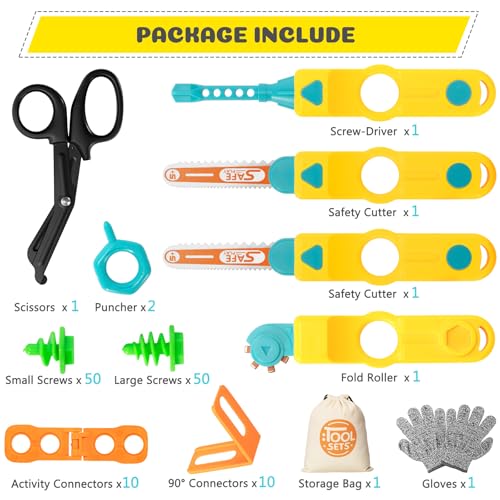 Image of Cardboard Tools for Kids, 129 PCS Cardboard Construction Kit, Kids Building Set with Safe Serrated Cutter, Crease Roller, Screws & Nuts, Creative STEM Educational Toys Gift for Boys and Girls Age 5+