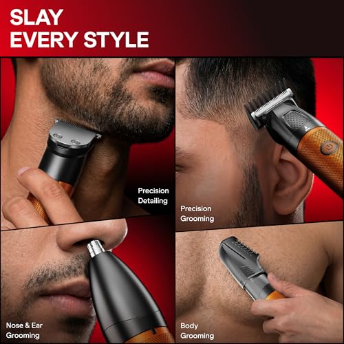 Image of boAt Slazer K100+ Full Body Trimmer for Men, 200 Min Run-Time, Stainless Steel + Ceramic, IPX6, Beard, Body, Nose, Type C, MultiGroomer, Battery Display & Travel Lock, All-in-one (Blaze Orange)