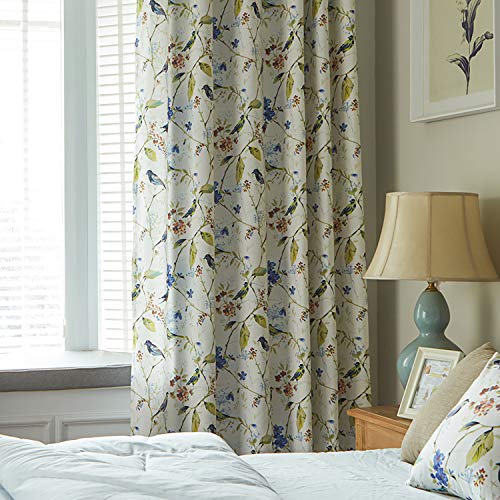 Vogol Birds And Floral Printed Curtains Blue Linen Window Treatment For Living Room, 52X96, One Panel, Top Grommet #TOP1