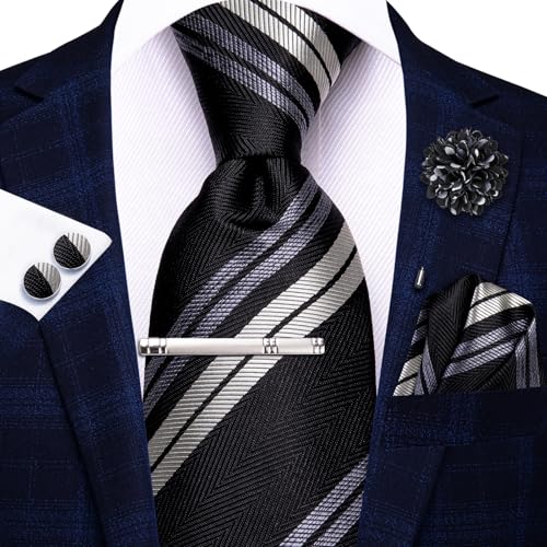 Image of Hi-Tie Formal Black Gray Striped Neckties for Men Classic Woven Ties and Pocket Square Lapel Pin Silver Tie Clip Cufflinks Set Wedding Business 6PCS