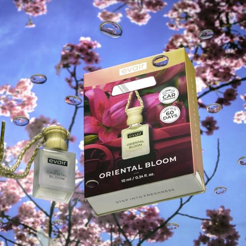 Image of Evair Oriental Bloom Car Air Freshener | Hanging Car Perfume | Premium Car Fresheners | Car Aroma with Essential Oils| Hanging Perfume for Car in Glass Bottle with Wooden Diffuser Lid (10ml, Pack-1)