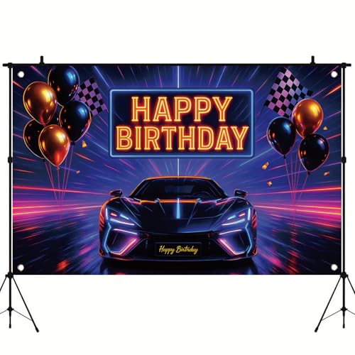 Image of Racing Car Happy Birthday Backdrop Sports Car Neon Racing Banner Black White Plaid Checkered Flag for Men Boys Photography Background Bday Table Decor Photo Booth Prop 71 x 43 Inch