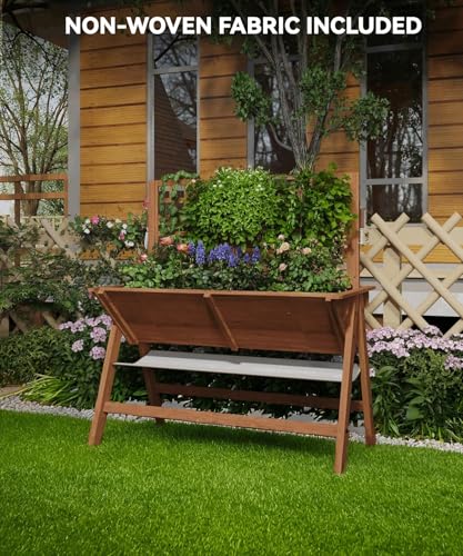 52x30x54In Elevated Garden Bed with Legs, Tall Wooden Planter Box with Climbing Trellis, Outdoor Standing Raised Bed for Vegetables, Flowers, and Herbs-Brown