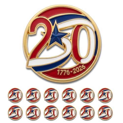 1/12/24/36/50/100PCS USA 250th Anniversary Merchandise Enamel Pins 1.25 Gold Plated 1776-2026 Commemorative Lapel Pin Bulk Set for Celebrations