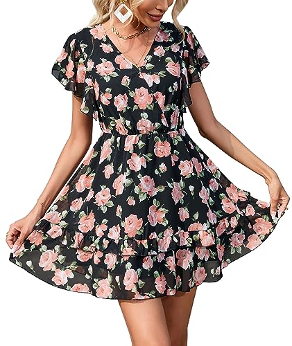 KOJOOIN Damen Sommerkleid Boho Chiffon Blumenkleid V-Ausschnitt kurz Kleid...