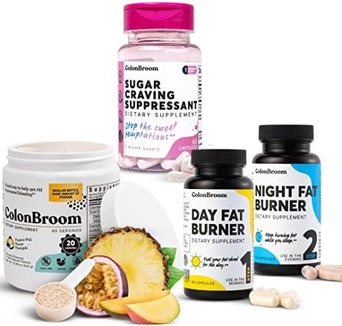 ColonBroom Psyllium Husk Powder (60 Servings) + Day & Night Burner Supplements, Weight Management Pills (60 Servings) + Sugar Craving Suppressant – Chromium Picolinate 200mcg (60 Servings), 4 Items