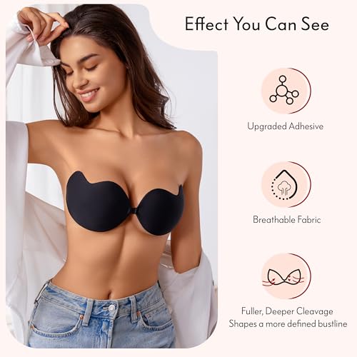 Rosefly Sticky Bra Push up for Women,Strapless Adhesive Bras with Refined Aloe AB Bond & Invisible Seamless Silhouette with Lock in Place,Fabric Cloth Cups for Backless Dress,Cups A-F (Black)