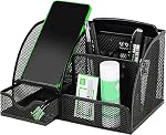 Desk Organizer, Pen Holder Desk Accessories, Metal Mesh Desk Organizers and Storage, Pencil Holder Desk Organizers Office Supplies Caddy Desk Storage with Draw for Home, Office, School (Black)