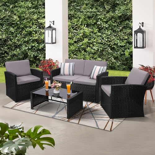 KROFEM 4 Piece Patio Conversation Set, Outdoor Wicker Sectional Furniture with Sofa, 2 Chairs, and Coffee Table, for Porch, Deck, Black Rattan and Light Grey Overstuffed Washable Cushions