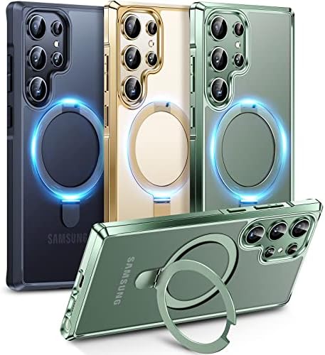 Juntone for Samsung Galaxy S23 Ultra Case with Magnetic Stand,[Compatible with Magsafe][Non-Yellowing], Slim Protective Matte Back and Green Edge Phone Case for Galaxy S23 Ultra Case 6.8 Inch-Green