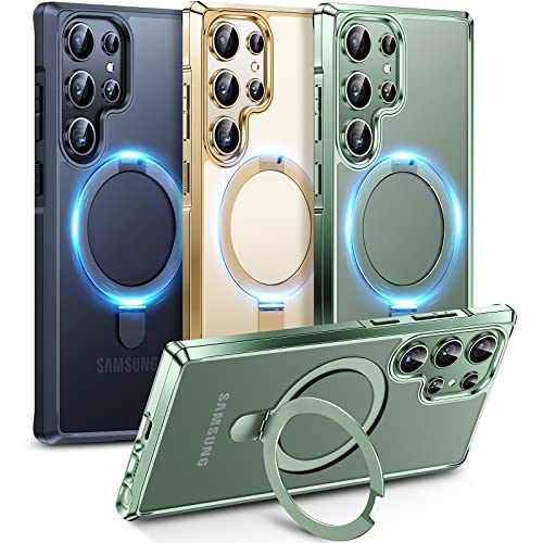 Juntone For Samsung Galaxy S23 Ultra Case With Magnetic Stand,[Compatible With Magsafe][Non-Yellowing], Slim Protective Matte Back And Green Edge Phone Case For Galaxy S23 Ultra Case 6.8 Inch-Green #TOP1