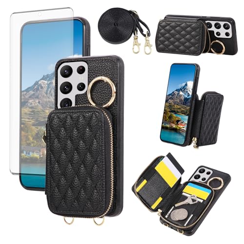 Étui portefeuille Samsung S22 Ultra 5G Asuwish avec fermeture éclair et bandoulière