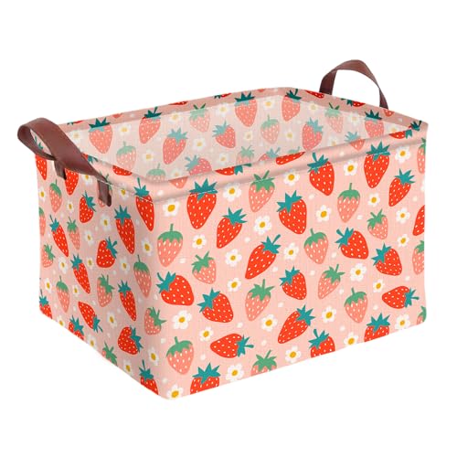 Image of Strawberry Storage Basket Waterproof Canvas Toy Storage Bin Strawberry Shortcake Room Decor Collapsible Outdoor Basket with Leather Handles Blanket Baskets For Closets,Bedrooms,Gifts Baskets