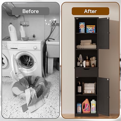 Walsunny Tall Bathroom Storage Cabinet with Freestanding Adjustable Shelves, Narrow Storage Linen Cabinet with 2 Doors and 1 Drawers for Bathroom, Living Room, Kitchen, Black - Image 6